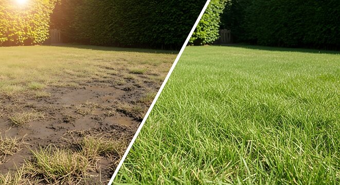 Split image showing a damaged lawn before and after lawn care treatment, resulting in lush green grass