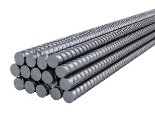 Single Reinforcement Steel Rebar Rod, 3D Render, Transparent or White Background.