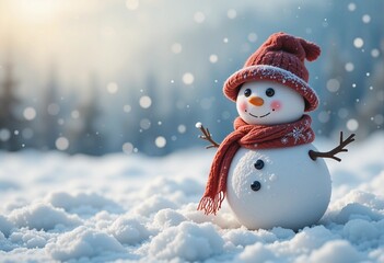 Fototapeta premium Snowman on snowy ground under blue sky with holiday decorations and winter celebration elements