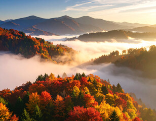 Autumn morning in the mountains with colorful foliage and bright sunlight.