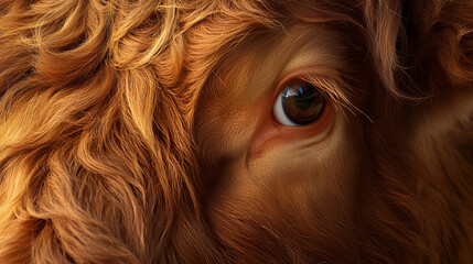 A Highland cow forehead, long ginger fur falling over the eyes