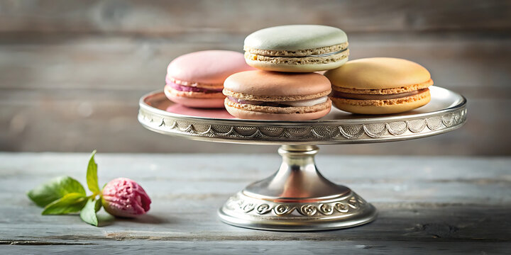 Assortment of colorful french macarons arranged on a silver cake stand, with a single pink flower and green leaf in the foreground, set against a rustic wooden background - Powered by Adobe