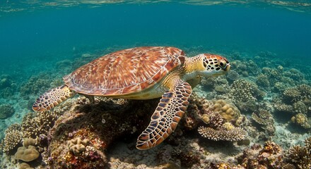 Obraz premium Sea turtle resting on coral reef