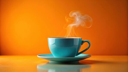 Obraz premium A steaming cup of hot beverage rests on a saucer, a vibrant teal against a warm orange backdrop.