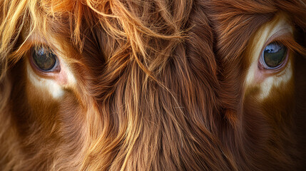 A Highland cow forehead, long ginger fur falling over the eyes