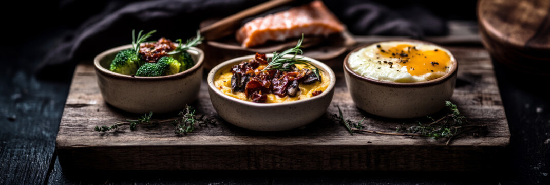 Brightly colored breakfast spread includes perfectly cooked eggs, smoked salmon, and healthy broccoli on a wooden serving board. A visually appealing and nutritious start to the day, banner
