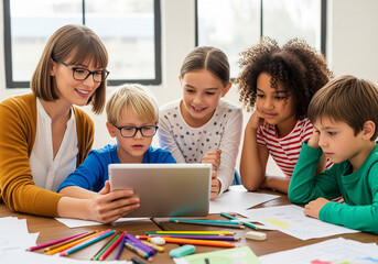 Teacher and Students Using Tablet