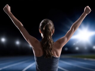 Victorious Female Runner Raising Arms in Celebration under Stadium Lights at Night