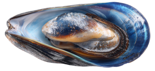 Open mussel shell with a cooked mussel inside