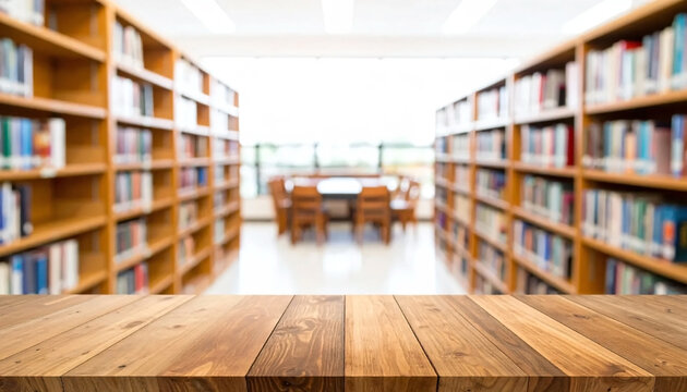 Wooden table with blurred  library interior space background
