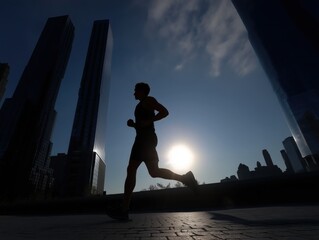 Runner silhouetted by the rising sun amid tall city buildings, captured mid-motion on a city street