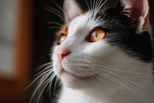 Close-up of white cat with orange eyes in sunlight