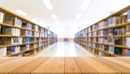 Fototapeta premium Wooden table with blurred library interior space background