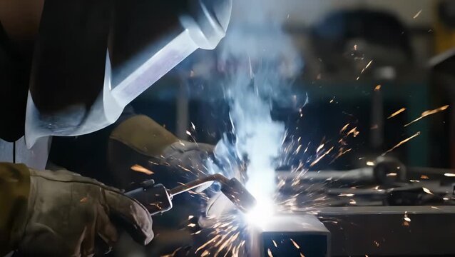 Skilled welder fabricating metal with bright sparks in a workshop