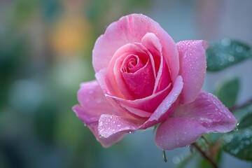 A close up of a pink rose with water droplets on the petals against a blurry background outdoors