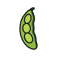 Vector graphic of a green pea pod with visible peas inside.