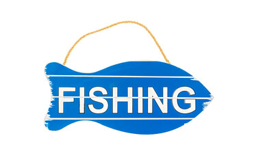 Word fishing made of wood as fish shape isolated on white background.