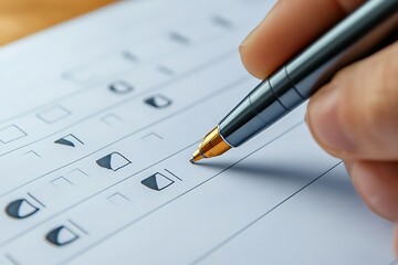 Close Up of Person Filling Out Survey with Pen on a Paper Form List