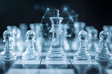 Clear Chess Pieces on Board with King Protected by a Glowing Network Sphere