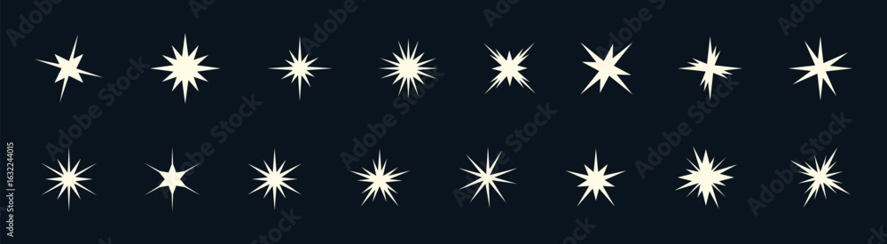Poster sparkling star light shapes in clean vector set. glimmering flares, flashes and twinkles with retro 