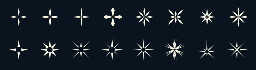 Glittering stars and shining bursts in a bold retro pack. Flat light shapes radiate brilliance and firework motion. Perfect for festive posters or stylish constellation templates.