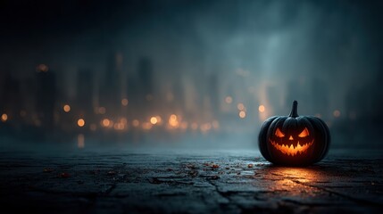 Glowing jack-o'-lantern on a misty night