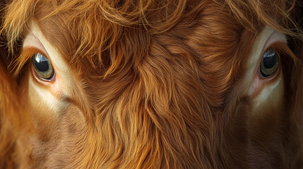 A Highland cow forehead, long ginger fur falling over the eyes