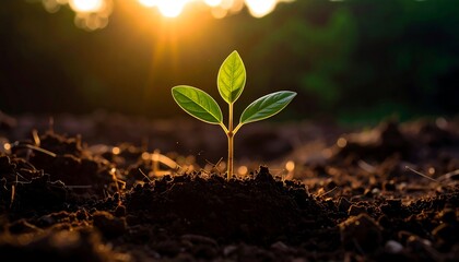 Emerging life: A young sprout reaching for the sunlight's golden promise