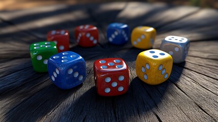 Colorful Dice on Dark Wooden Surface, Game Pieces Arranged in Circle, Backlit by Sunlight
