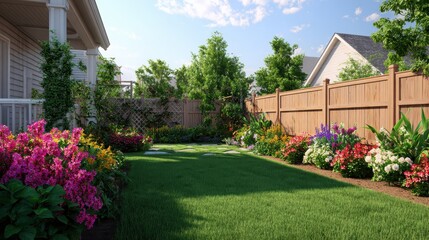 Naklejka premium Sunny, green backyard with flowers, fence, and house. Home sale marketing image