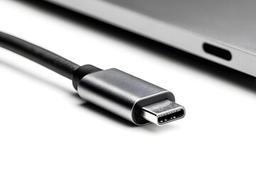 A close up of a usb c cable connected to a laptop on a white surface showing the connector details