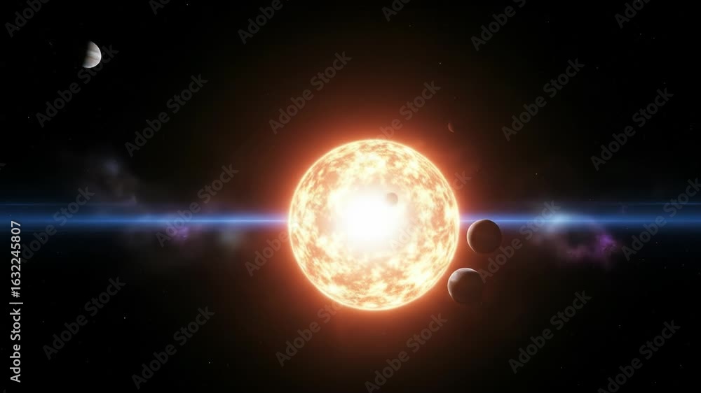 Poster cosmic solar flare with planets in dark space rendered with pixelated texture