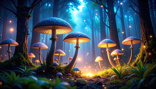 Magical Glowing Mushrooms In A Fantasy Forest