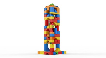 high-angle view of a vibrant, colorful toy building block tower isolated on a transparent background, perfect for educational or creative projects