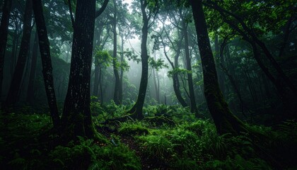 Fototapeta premium Misty Forest Landscape With Dark Trees And Lush Green Vegetation