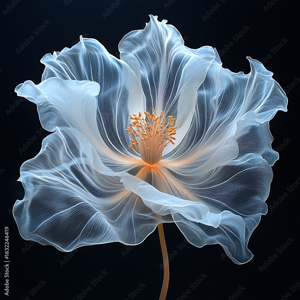 Poster hyper realistic close up of delicate translucent flower, showcasing intricate details and soft, flow