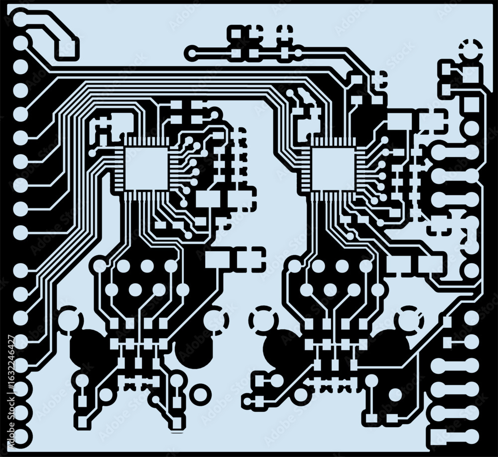 Poster tracing conductors of printed circuit board of electronic device. vector engineering drawing of pcb 