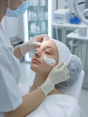 Woman receiving professional skincare treatment at a beauty salon. A cosmetologist gently treats her face in a clean, calm spa environment. AI-generated, symbolic beauty and wellness concept.