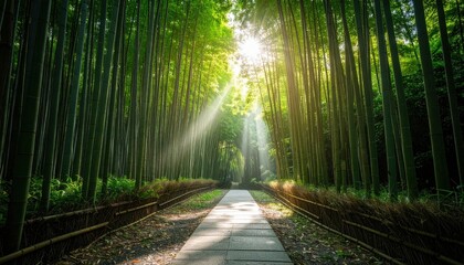 Fototapeta premium Sunlight Path Through Lush Bamboo Forest