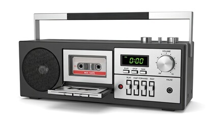 Fototapeta premium high-angle view of a vintage cassette player with mix tape, isolated on a transparent background; retro boombox 3d render, ideal for nostalgia designs