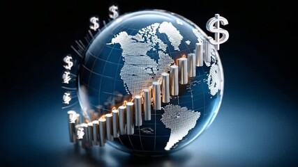 Global economic growth: A photorealistic globe overlaid with a bar graph climbing upwards, encircled by dollar signs, visualizing the continuous climb of global financial prosperity. - Powered by Adobe