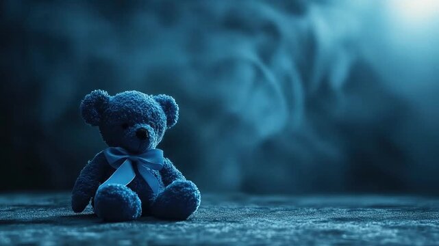 A blue teddy bear with a ribbon sits on a dark textured surface against a blue misty background