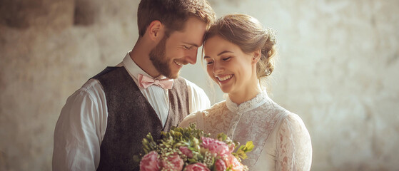 Happy bride and groom laughing together in elegant wedding attire, standing closely in a joyful, romantic moment. Bright, festive atmosphere. AI-generated symbolic wedding scene.