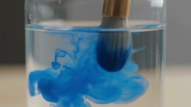 A paintbrush with blue paint is dipped into a glass of water, with the color swirling and dissolving.