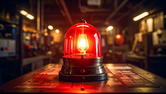 Emergency red caution siren light glowing atop a control panel, wires and metal textures visible in 3D hyper-realistic industrial warning setup.