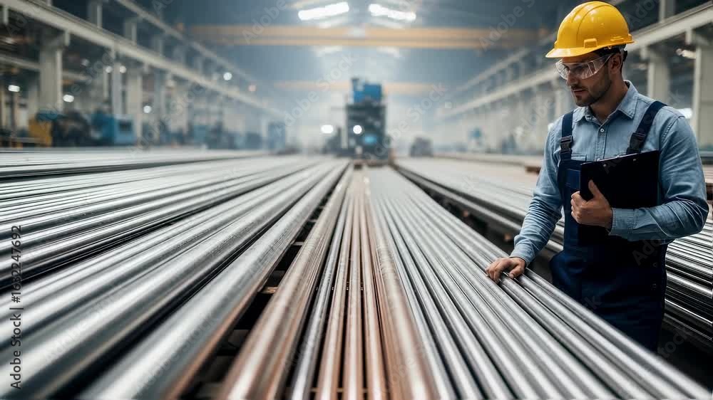 Poster man inspecting organized rows of metallic piping in factory setting