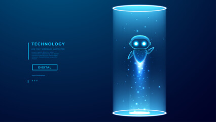 Abstract AI robot takes off bright light portal. Digital cute chatbot character. AI Agent hologram bg. Tech innovation concept. Blue futuristic technology background. Vector illustration.