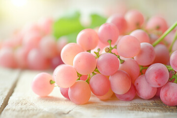 Close-up of fresh pink grapes on a light wooden table in bright high-key natural light, showing translucent rosy skin and smooth clusters in a clean kitchen setting.