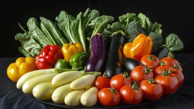 A variety of fresh vegetables arranged in a circular pattern on a dark table.