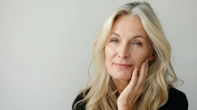 Close-up shot smiling woman with blonde hair, tinged with gray. She's looking at viewer with soft smile. Her hand is gently touching her face, against solid background.